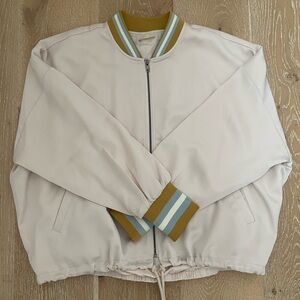 Hem & Thread Cream Bomber Jacket with Gold & Blue Accents